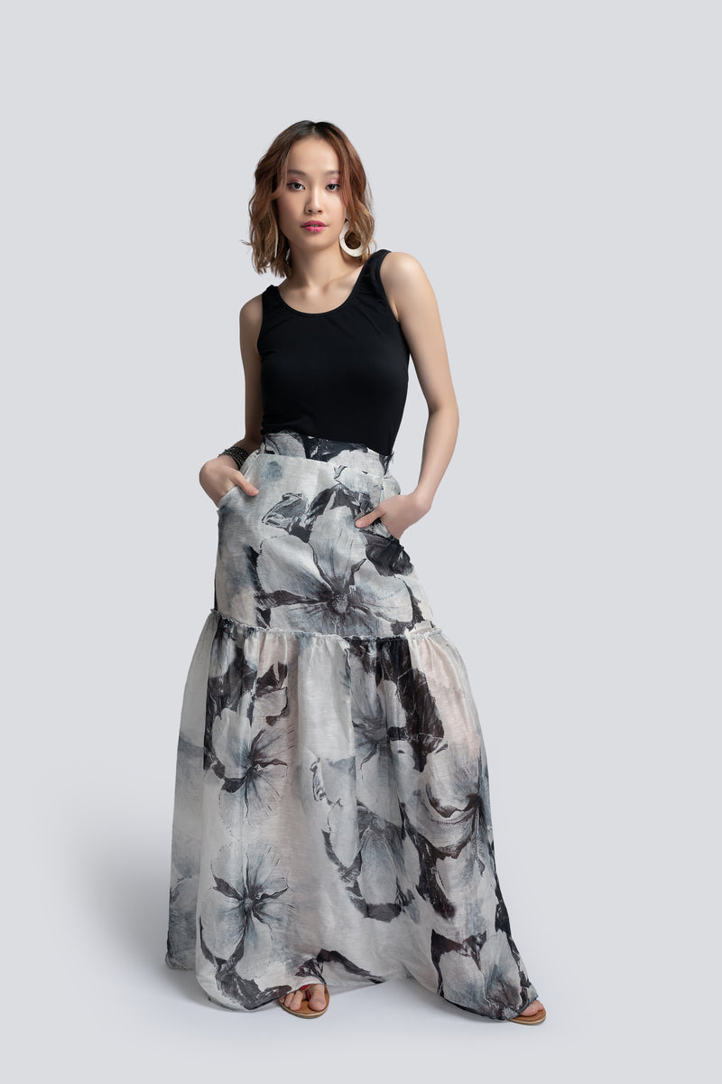 Maxi Skirt in Floral Print Silk Linen