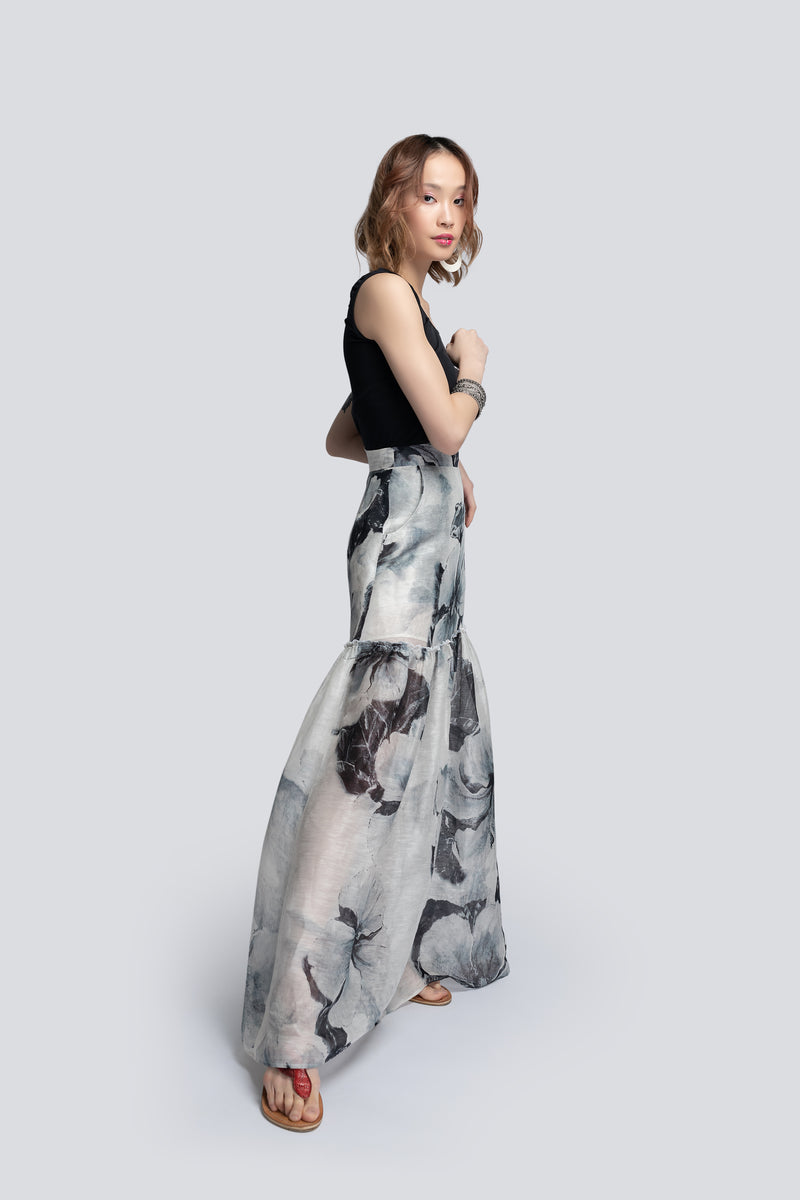 Maxi Skirt in Floral Print Silk Linen