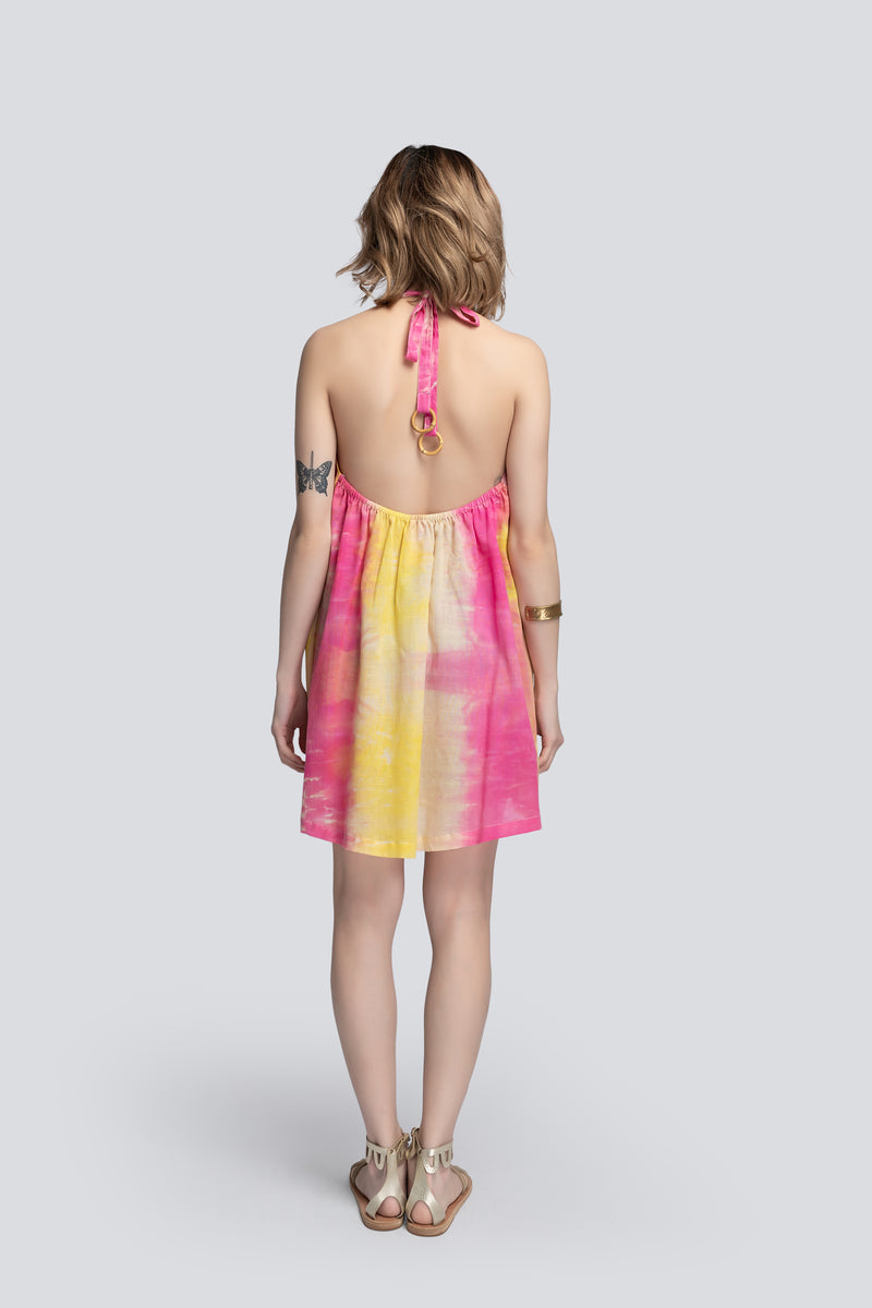 Halterneck Beach Dress in Tie Dye Cotton