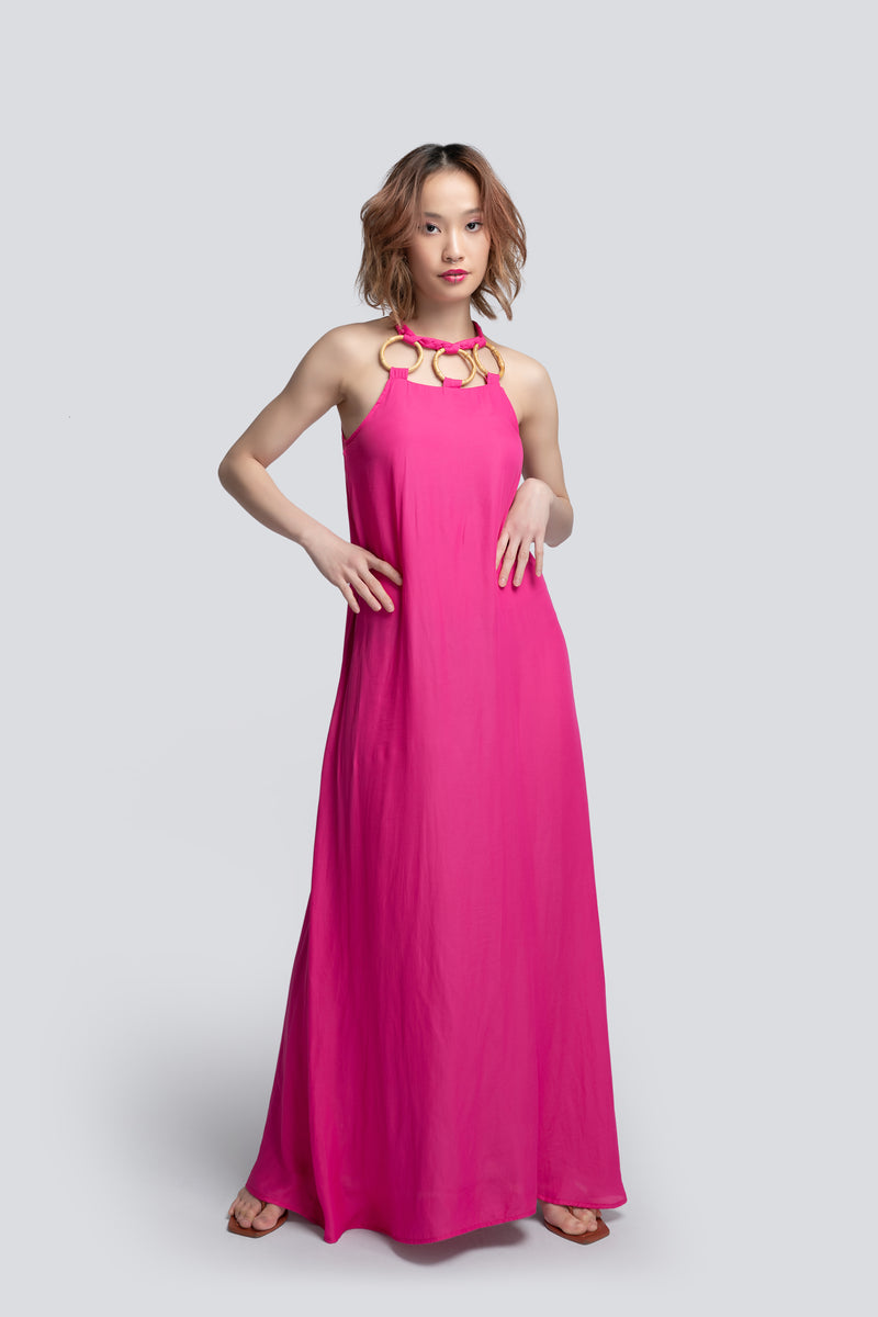 Halterneck Maxi Dress in Pink Polyester