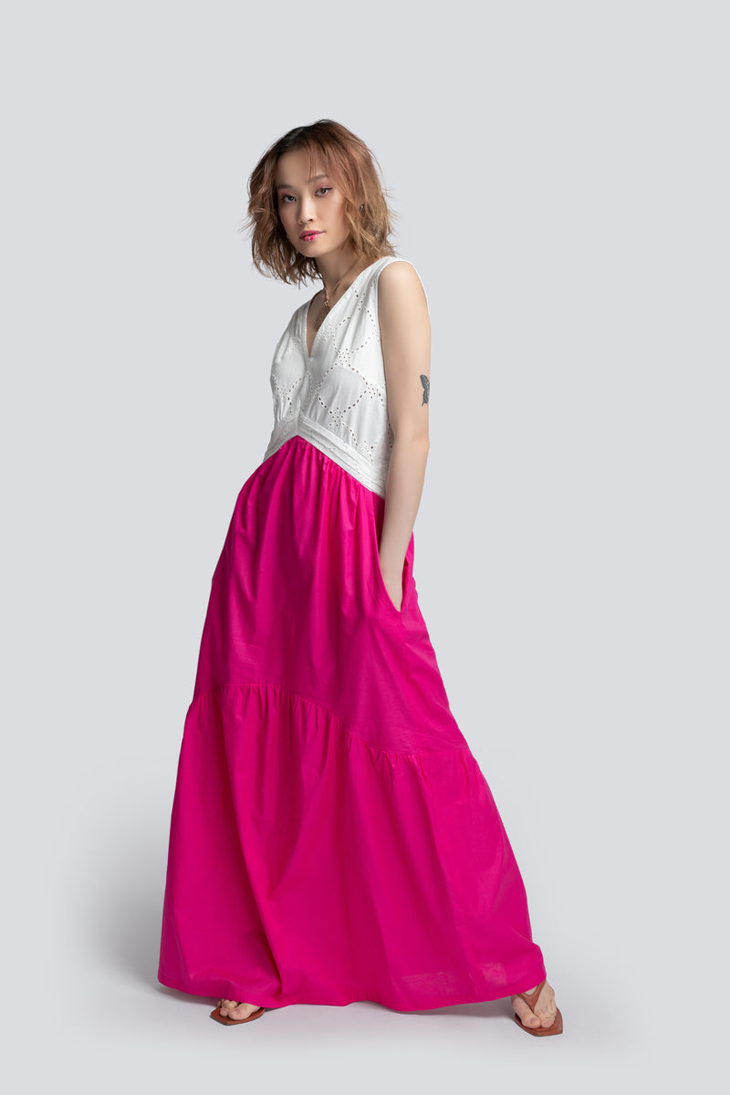 Tiered Maxi Dress in Two Tone Cotton