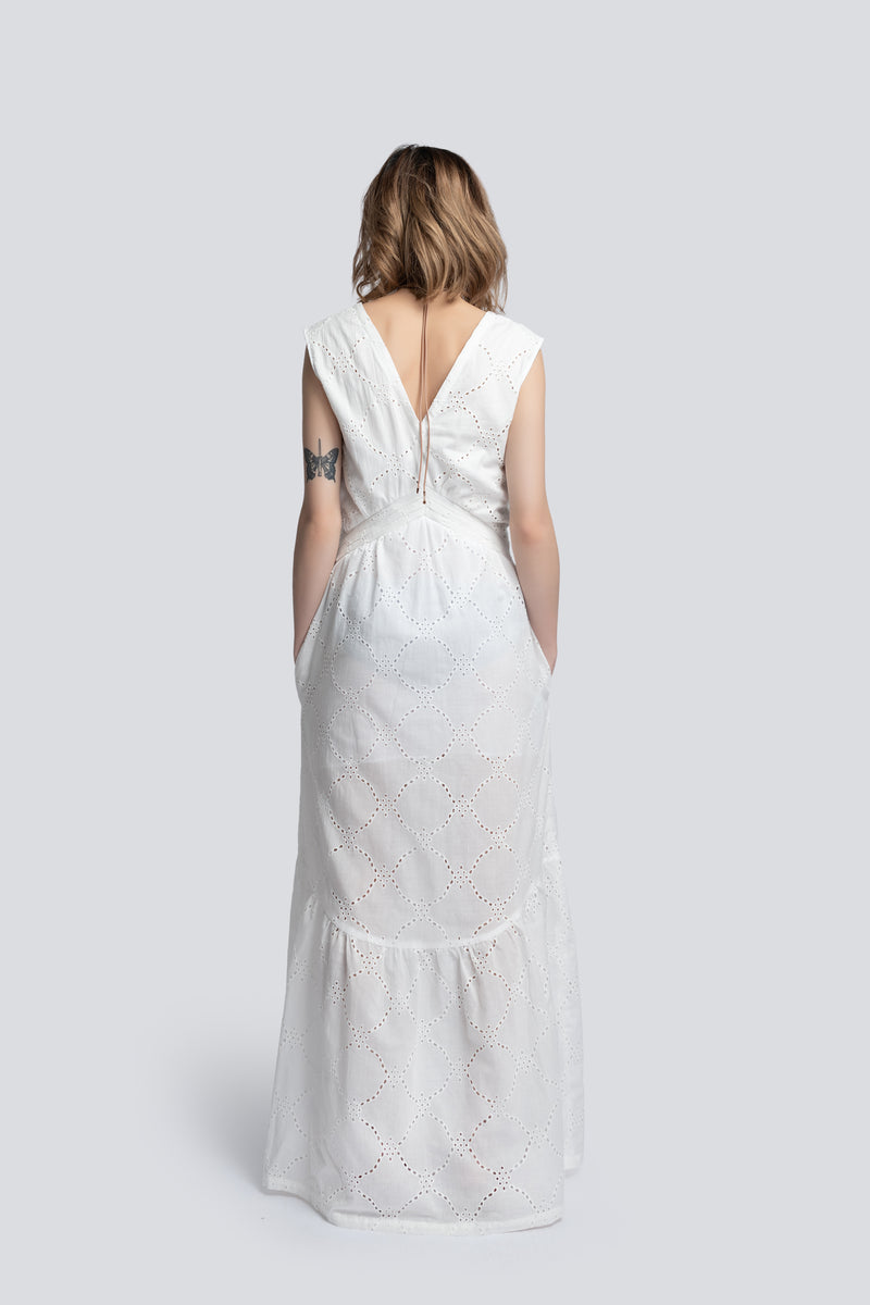 Tiered Maxi Dress in White Broderie Cotton
