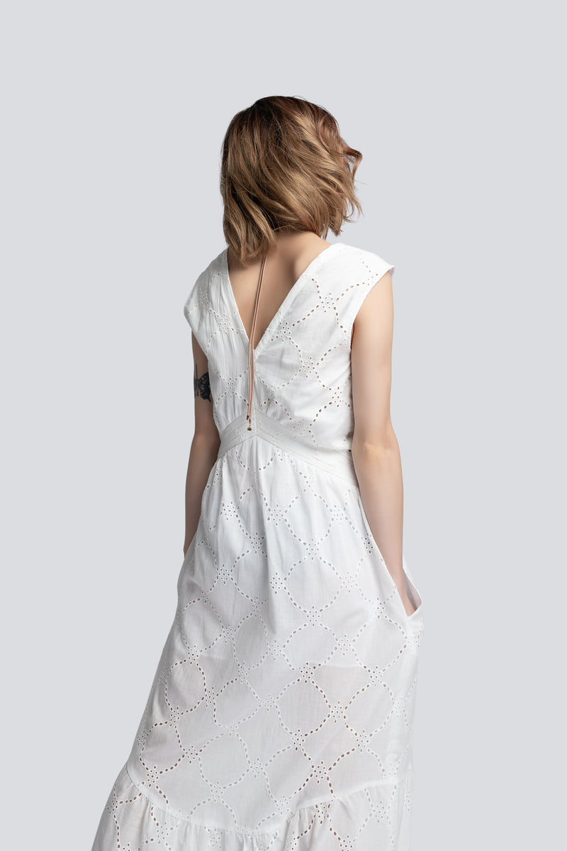 Tiered Maxi Dress in White Broderie Cotton