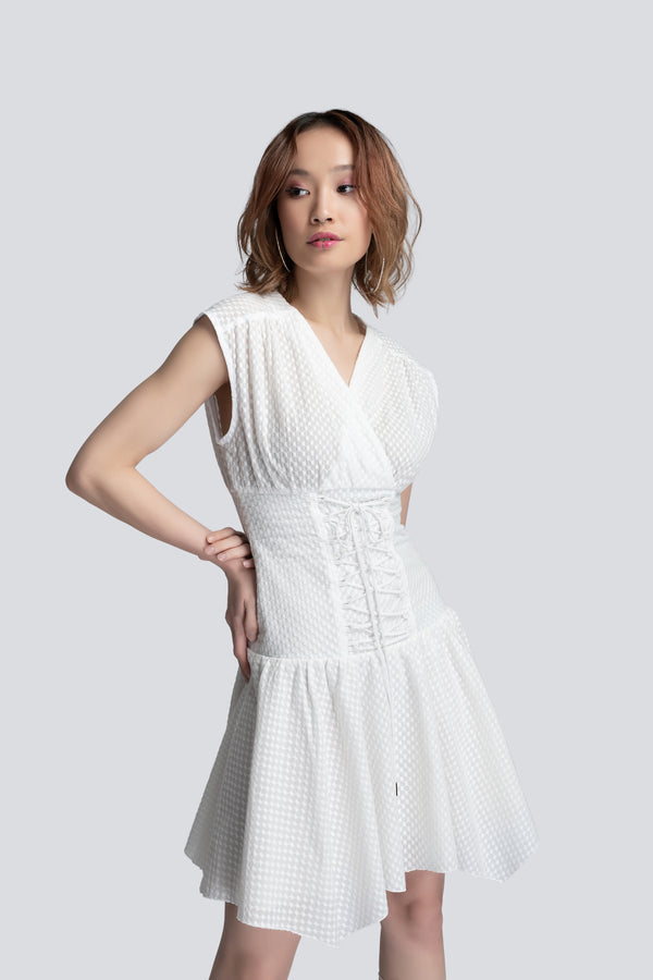 Short Corset Dress in White Broderie Cotton