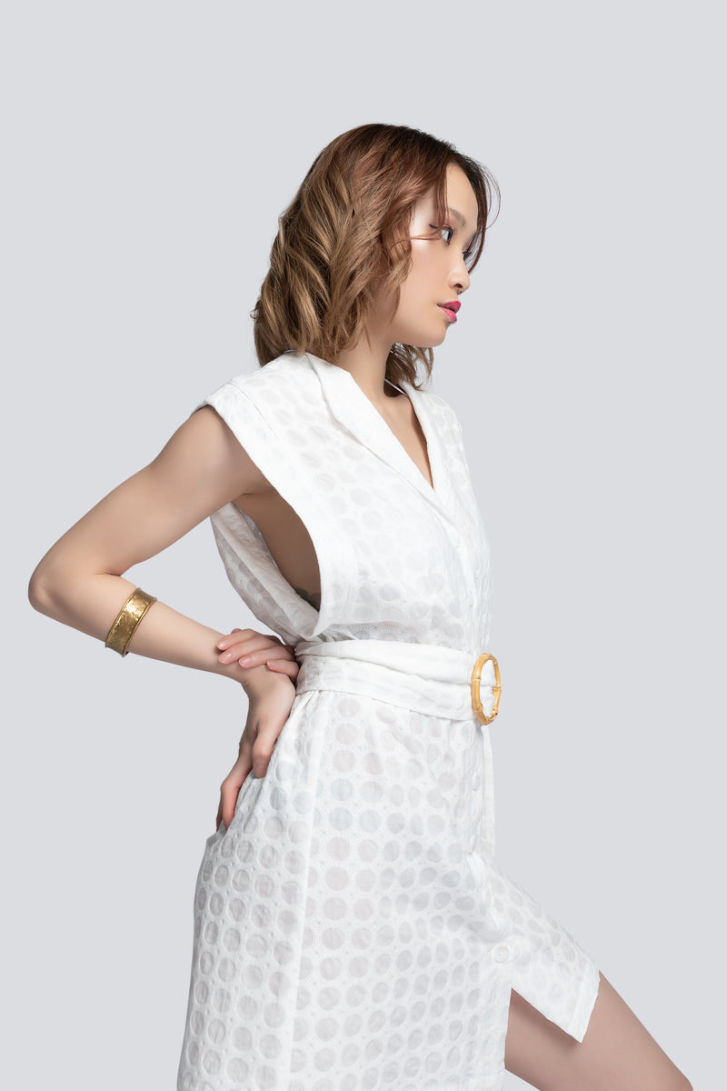 Short Belted Cover Up in White Broderie Cotton
